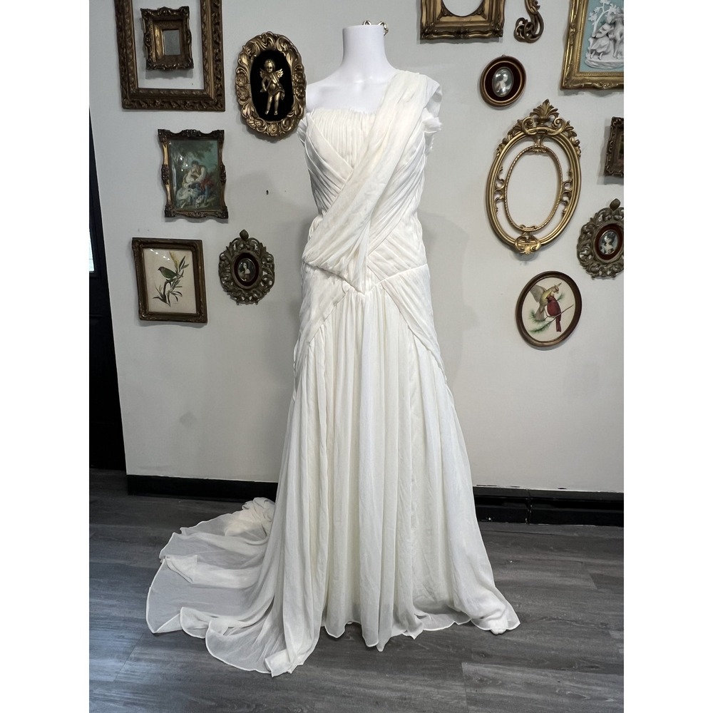 Donna Karan New York Ivory Silk Chiffon Draped One-Shoulder Maxi Gown Size M